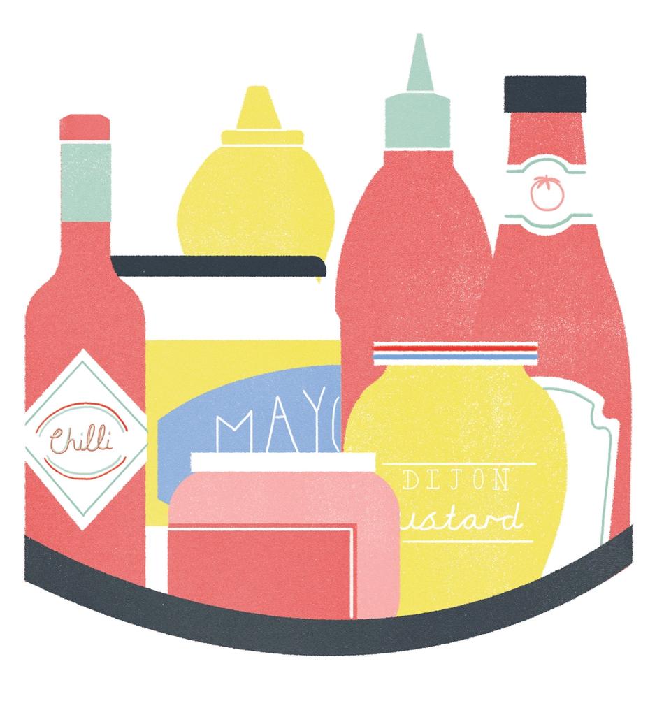 Illustration of condiments on lazy susan organizer
