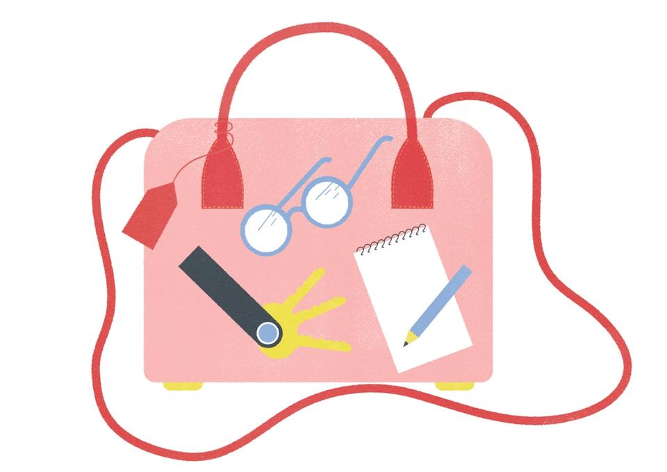 Illustration of pink handbag showing contents of keys, glasses, notepad and pencil