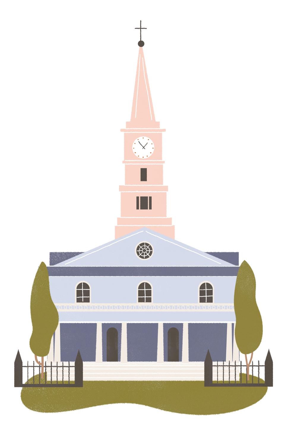 Illustration of the St. Mark's-in-the-Bowery church building in New York representing Colonial / Neo-Colonial style of architecture