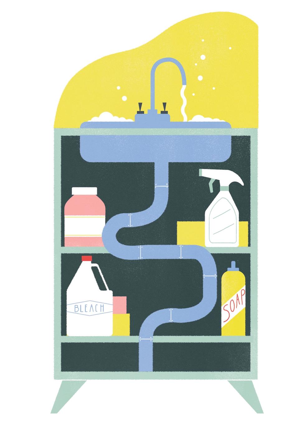 Illustration of sink showing pipes and collection of cleaning products underneath