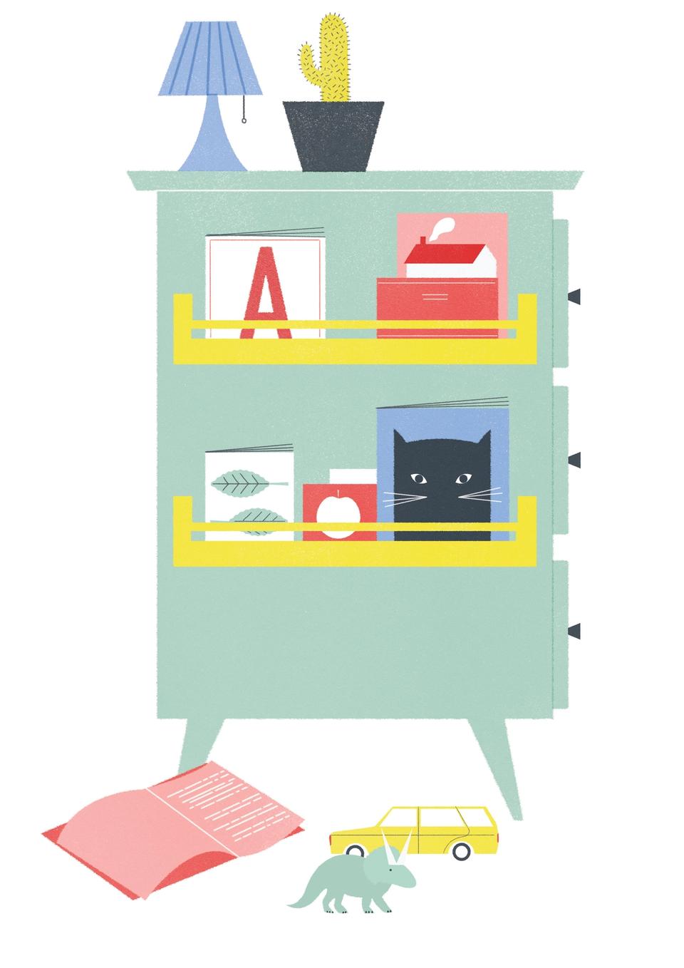 Illustration of dresser in mid-century style with children's books on side, toys on floor and lamp on top