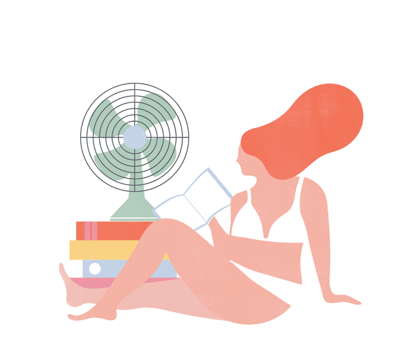 Animated gif illustration of woman reading in front of fan in summer, with hair blowing in wind